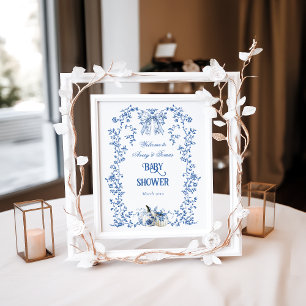 Dusty Blue Pumpkin Fall Floral Boy Baby Shower  Poster