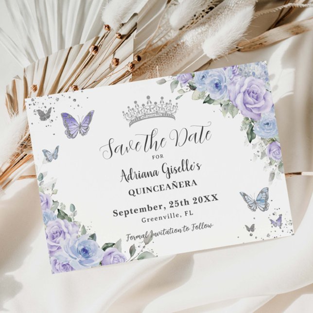 Dusty Blue Purple Floral Silver Quinceañera 16th Save The Date (Creator Uploaded)