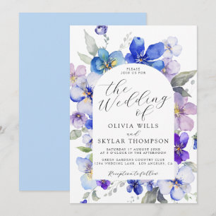 Dusty Blue Purple Mauve Navy Flower Wedding Invitation