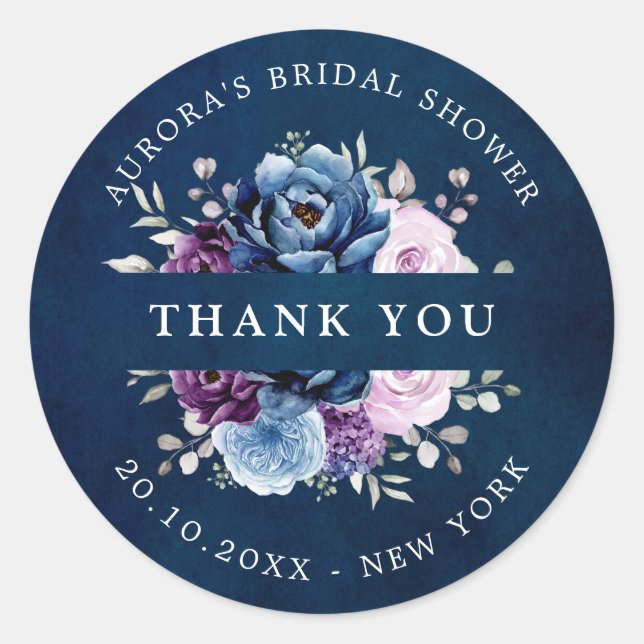 Dusty Blue Purple Navy  Bridal shower thank you Cl Classic Round Sticker (Front)