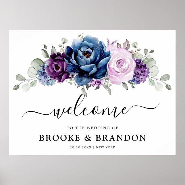 Dusty Blue Purple Navy Lilac Bloom Wedding Welcome Poster (Front)