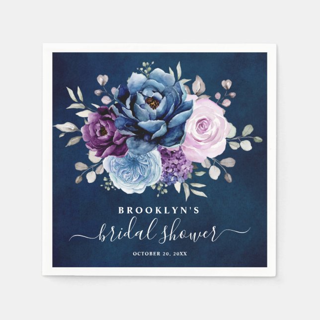 Dusty Blue Purple Navy Lilac Blooms Bridal Shower  Napkin (Front)