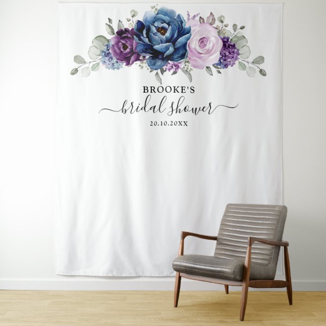 Dusty Blue Purple Navy Lilac Blooms Bridal Shower Tapestry (In Situ)