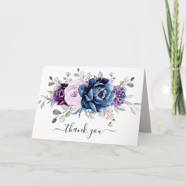 Dusty Blue Purple Navy Lilac Blooms Bridal Shower Thank You Card (Front)