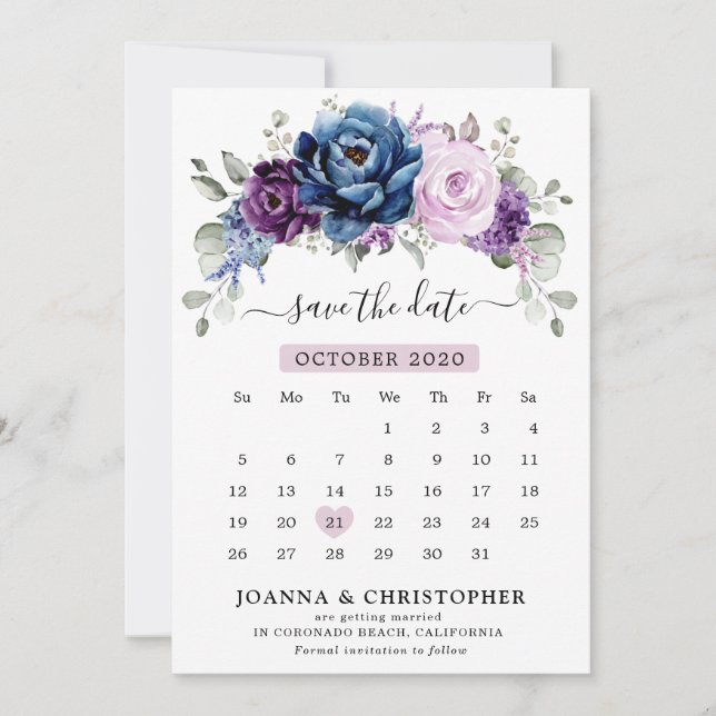 Dusty Blue Purple Navy Lilac Blooms Calendar Save The Date (Front)