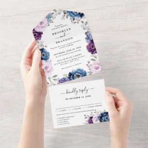 Dusty Blue Purple Navy Lilac Blooms Wedding All In One Invitation