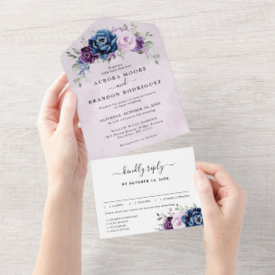 Dusty Blue Purple Navy Lilac Blooms Wedding All In One Invitation
