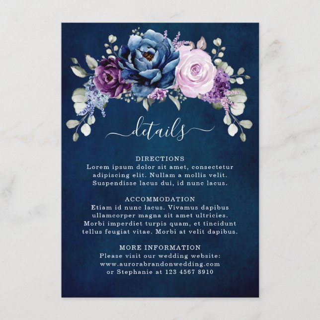 Dusty Blue Purple Navy Lilac Blooms Wedding Detail Enclosure Card (Front)