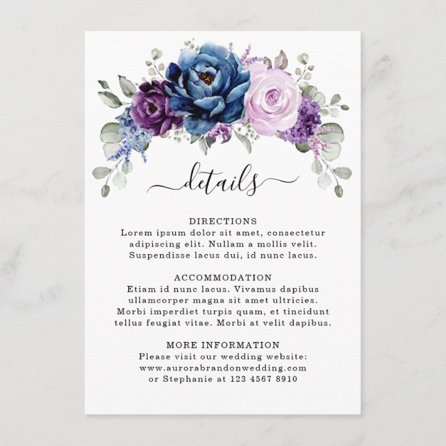 Dusty Blue Purple Navy Lilac Blooms Wedding Detail Enclosure Card (Front)