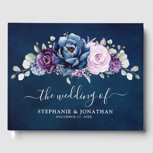 Dusty Blue Purple Navy Lilac Blooms Wedding Guest  Book (Front)