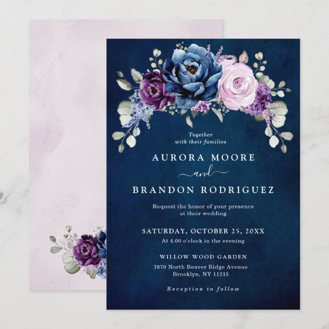 Dusty Blue Purple Navy Lilac Blooms Wedding Invita Invitation (Front/Back)