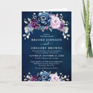 Dusty Blue Purple Navy Lilac Blooms Wedding Invita Invitation