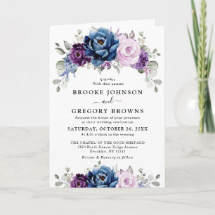 Dusty Blue Purple Navy Lilac Blooms Wedding Invitation