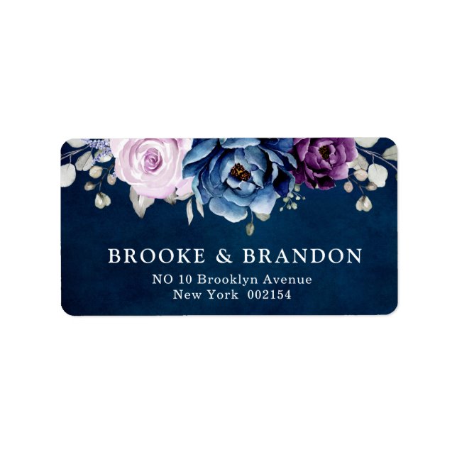 Dusty Blue Purple Navy Lilac Blooms Wedding Label (Front)