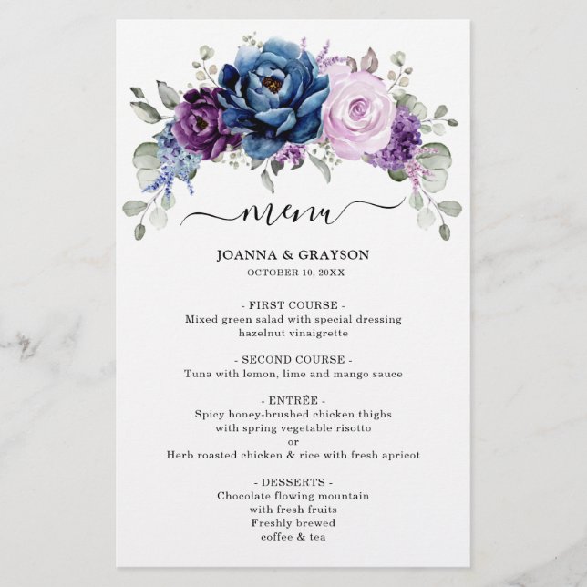 Dusty Blue Purple Navy Lilac Blooms Wedding Menu (Front)