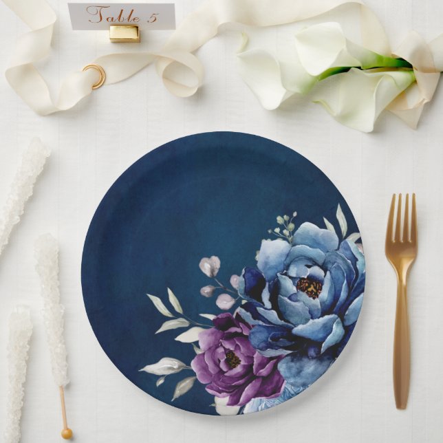 Dusty Blue Purple Navy Lilac Blooms Wedding Paper  Paper Plate (Wedding)