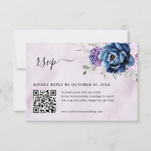 Dusty Blue Purple Navy Lilac Blooms Wedding QR RSVP Card