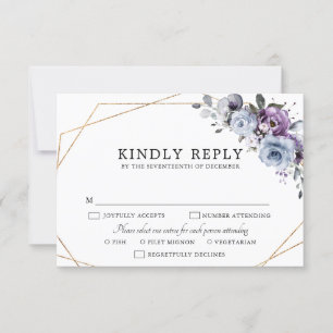 Dusty Blue Purple Navy Lilac Blooms Wedding RSVP C
