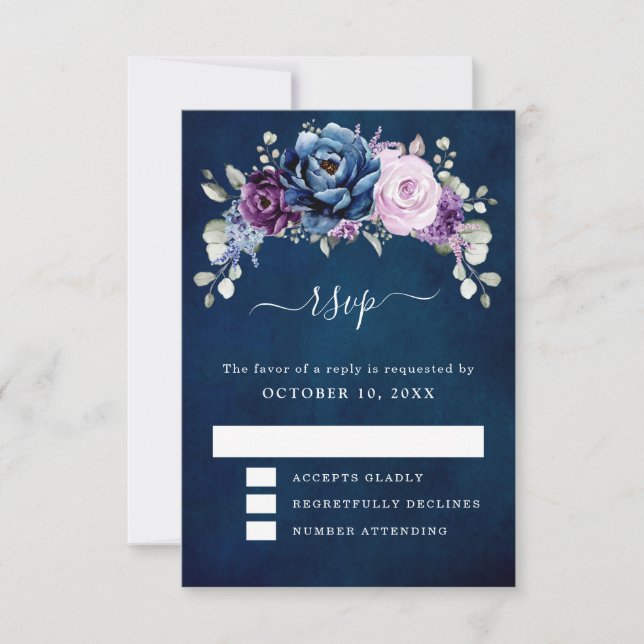 Dusty Blue Purple Navy Lilac Blooms Wedding RSVP C (Front)