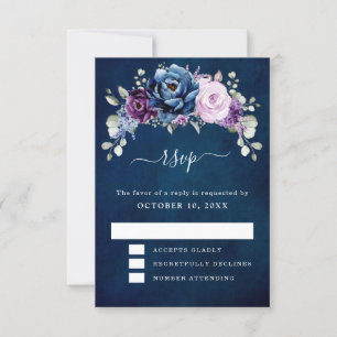 Dusty Blue Purple Navy Lilac Blooms Wedding RSVP C