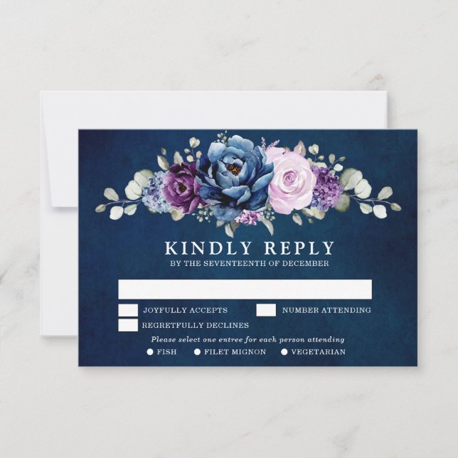 Dusty Blue Purple Navy Lilac Blooms Wedding RSVP C (Front)