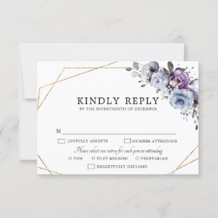 Dusty Blue Purple Navy Lilac Blooms Wedding RSVP C Card