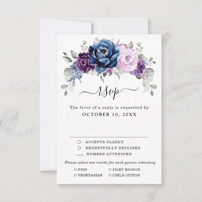 Dusty Blue Purple Navy Lilac Blooms Wedding RSVP Card (Front)
