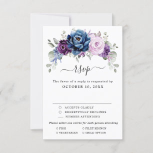 Dusty Blue Purple Navy Lilac Blooms Wedding RSVP Card