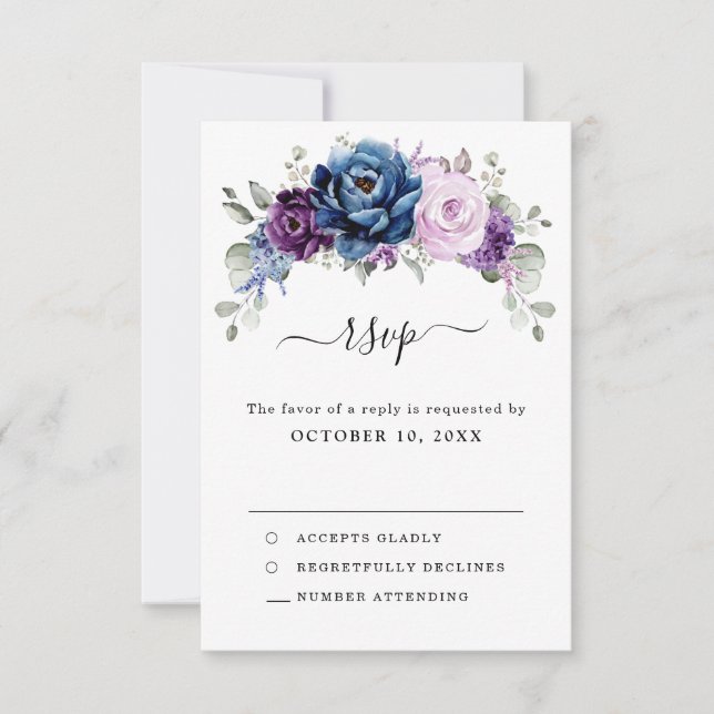 Dusty Blue Purple Navy Lilac Blooms Wedding RSVP Card (Front)