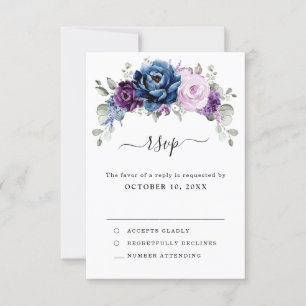 Dusty Blue Purple Navy Lilac Blooms Wedding RSVP Card