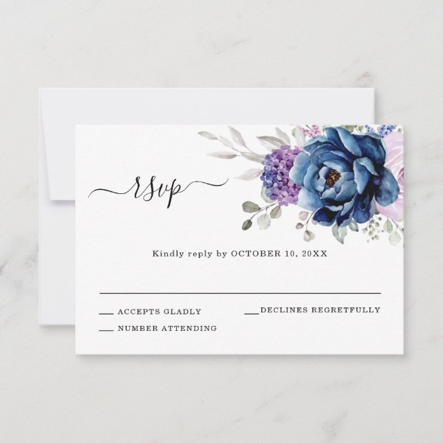Dusty Blue Purple Navy Lilac Blooms Wedding RSVP Card (Front)