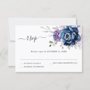 Dusty Blue Purple Navy Lilac Blooms Wedding RSVP Card