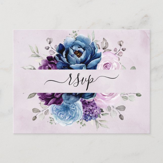 Dusty Blue Purple Navy Lilac Blooms Wedding RSVP P Postcard (Front)