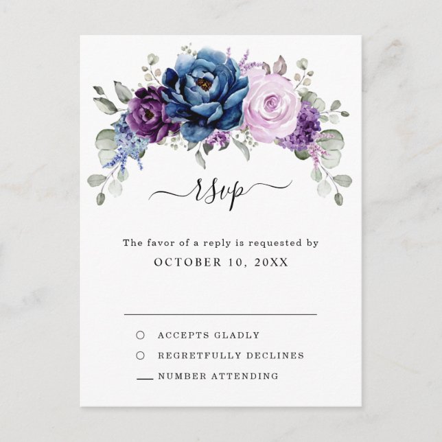 Dusty Blue Purple Navy Lilac Blooms Wedding RSVP Postcard (Front)