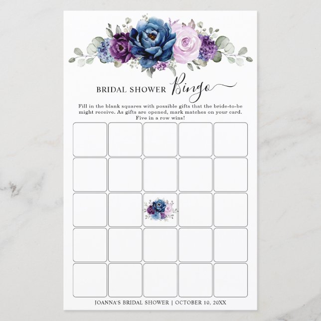 Dusty Blue Purple Navy Lilac Bridal Shower Bingo (Front)