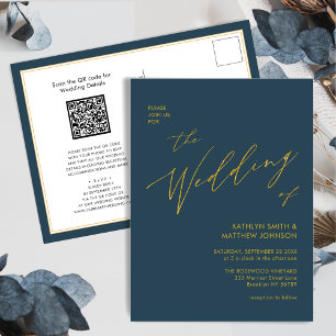 Dusty Blue QR Code All In One Gold Script Wedding Invitation Postcard