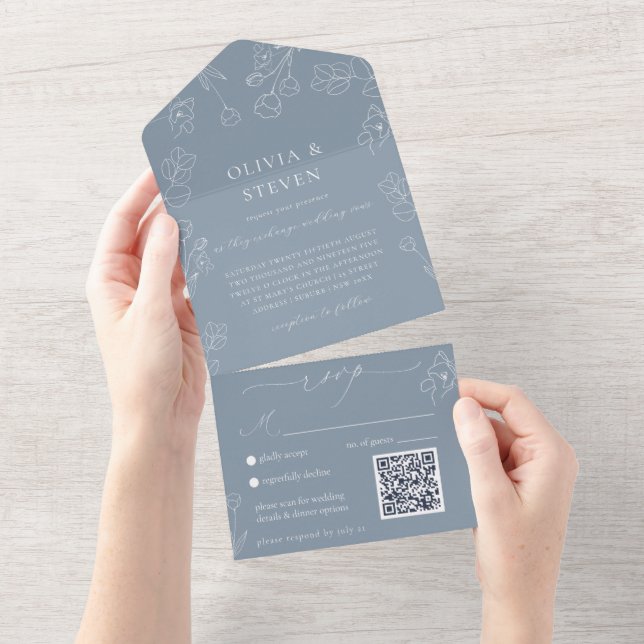 Dusty Blue QR Code All In One Invitation (Tearaway)