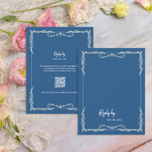 Dusty Blue QR Code Black Tie Wedding RSVP Card