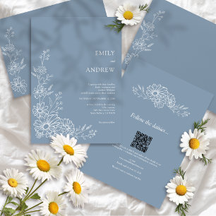 Dusty Blue QR Code Botanical All In One Wedding Invitation