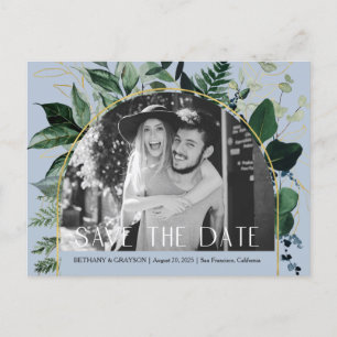 Dusty Blue, QR code Botanical photo save the date Announcement Postcard