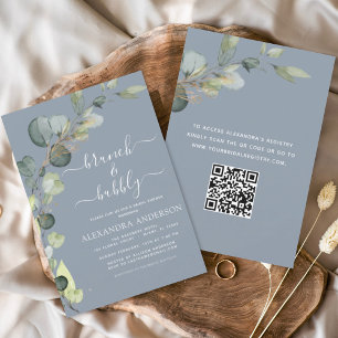 Dusty Blue QR Code Brunch & Bubbly Eucalyptus Invitation