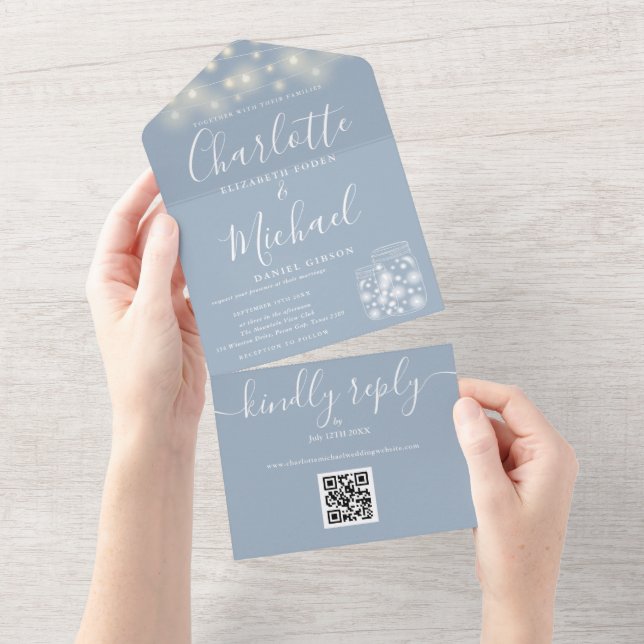 Dusty Blue QR Code Mason Jars String Light Wedding All In One Invitation (Tearaway)