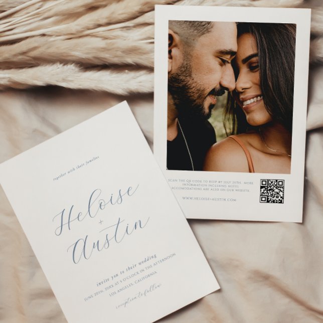 Dusty Blue QR Code Photo B&W Wedding Invitation (Creator Uploaded)