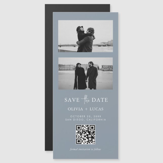 Dusty Blue QR Code Photo Strip Magnetic Wedding (Front/Back)