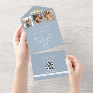Dusty Blue QR Code Photo Wedding All In One Invitation