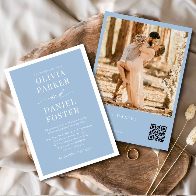 Dusty Blue QR Code Photo Wedding Invitation (Creator Uploaded)