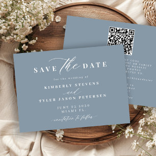 Dusty blue QR code simple elegant wedding Save The Date