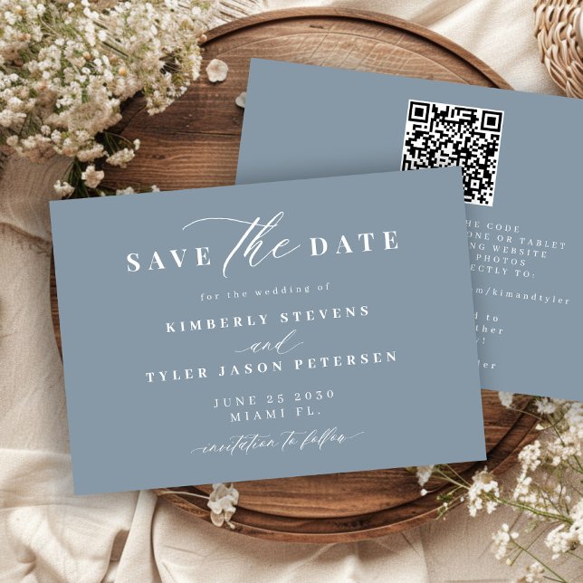 Dusty blue QR code simple elegant wedding  Save The Date (Creator Uploaded)