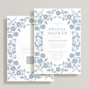 Dusty Blue QR Code White Folk Floral Bridal Shower Invitation
