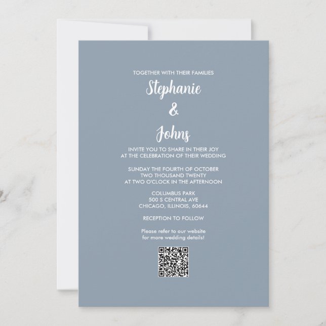 Dusty Blue QR Code White Script 2024 Wedding Invitation (Front)